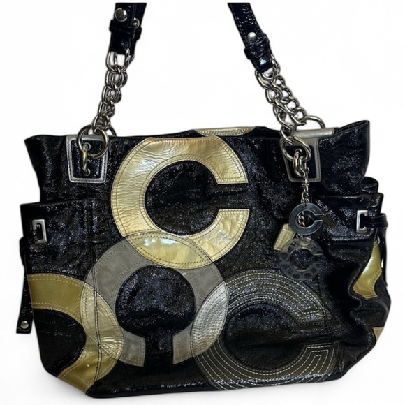 Coach Handbags - Coach Vintage “C” Signature Inlaid Black Gray Gold Patent Leather Peyton Tote